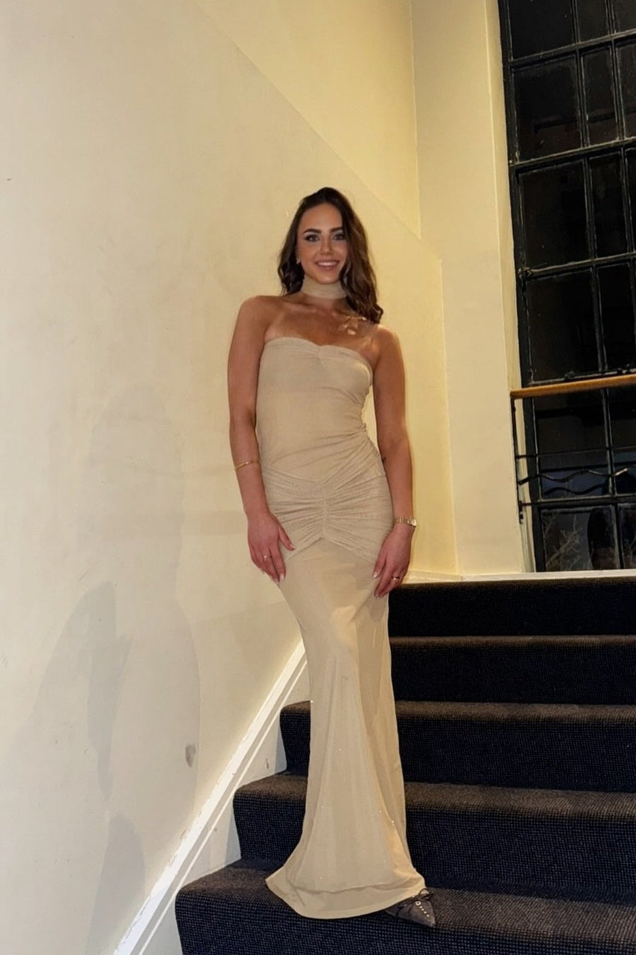 Apricot Strapless Ruched Fitted Long Dress