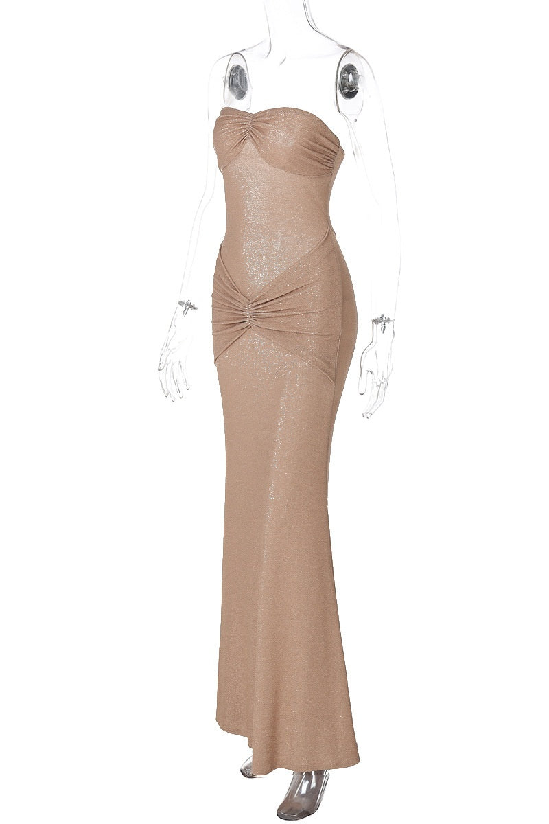 Apricot Strapless Ruched Fitted Long Dress