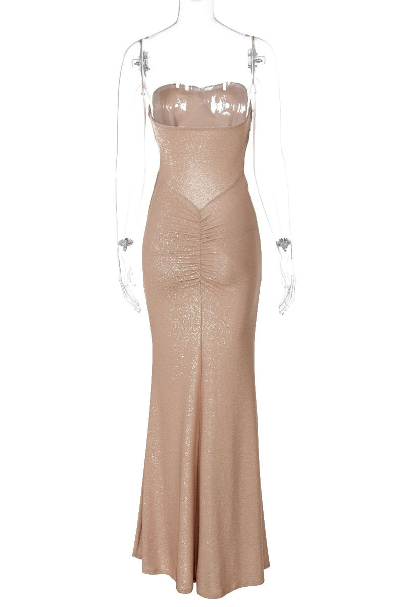 Apricot Strapless Ruched Fitted Long Dress