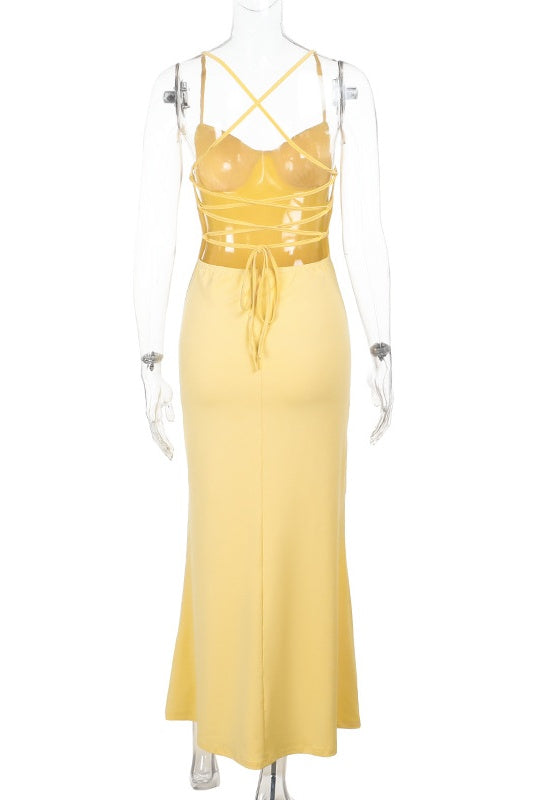 Yellow Spaghetti Straps Tight Long Dress