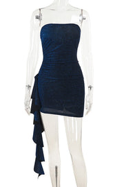 Strapless Blue Ruched Tight Short Dress with Train