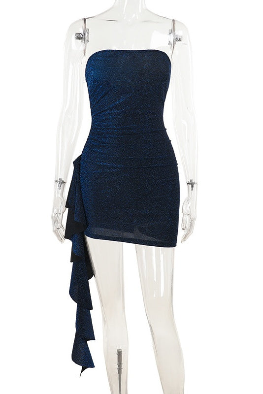 Strapless Blue Ruched Tight Short Dress with Train