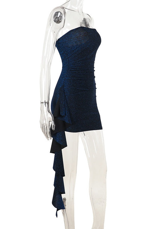 Strapless Blue Ruched Tight Short Dress with Train