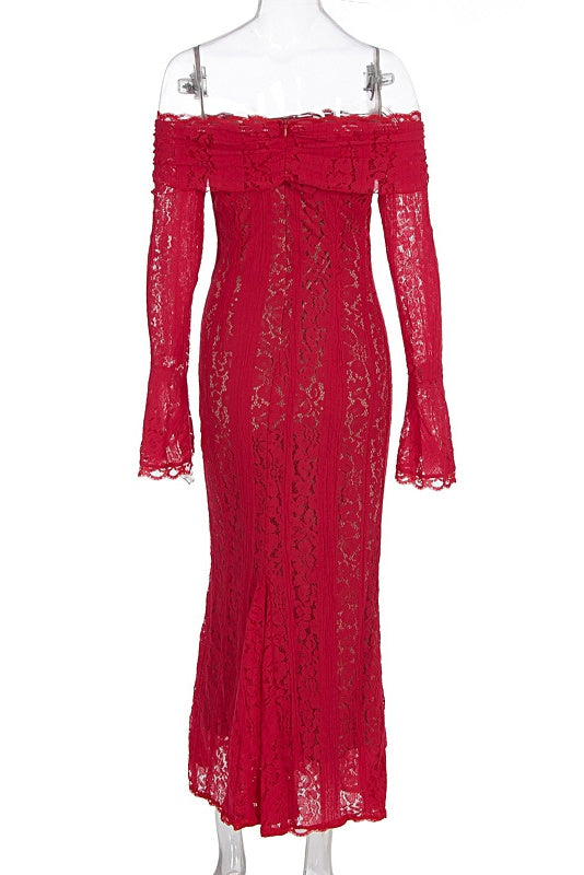 Red Lace Off-the-shoulder Long Dress