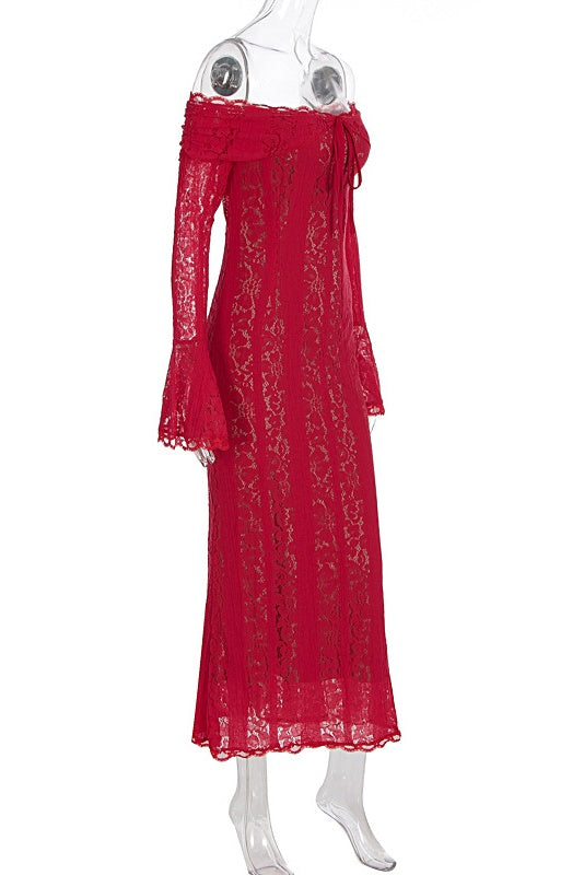Red Lace Off-the-shoulder Long Dress