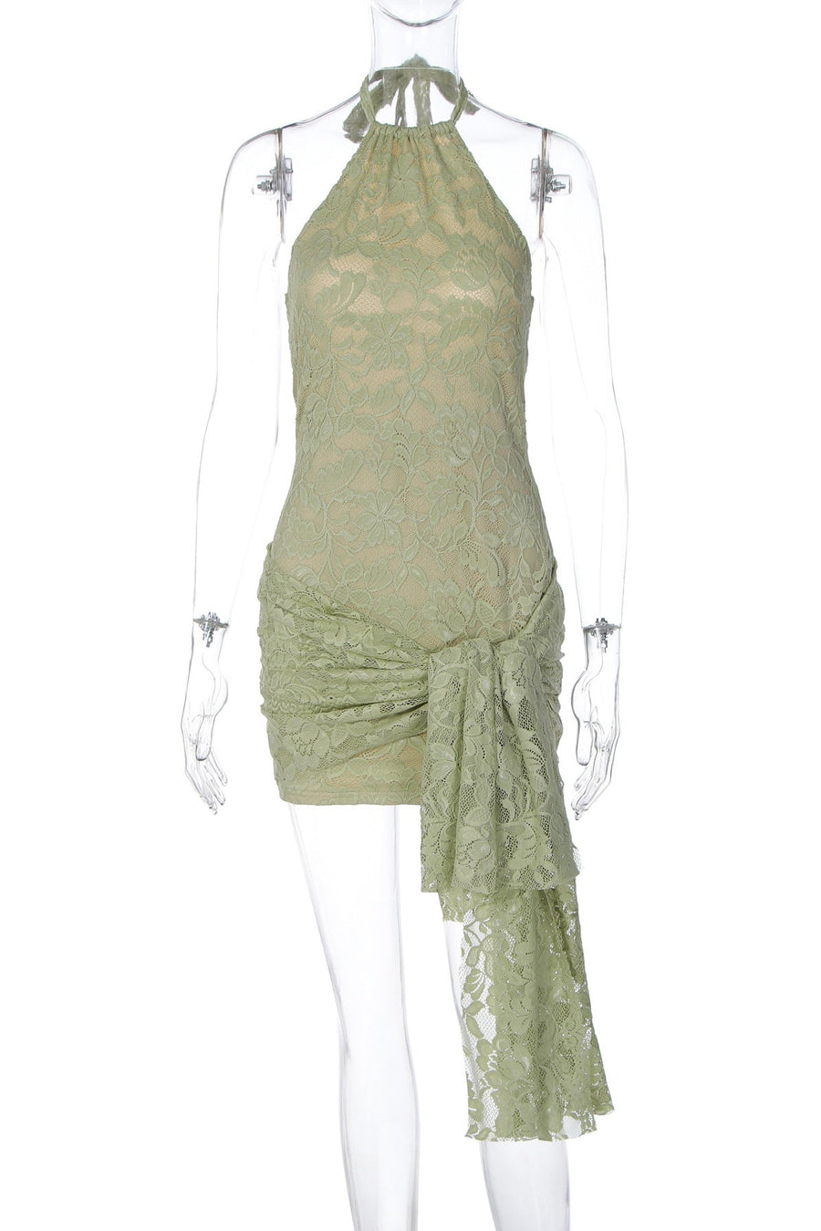 Halter Sage Green Lace Tight Dress with Train