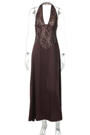 Halter Brown Lace Column Long Dress