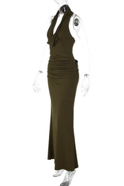 Olive Green Cowl Neck Fitted Long Dress