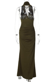 Olive Green Cowl Neck Fitted Long Dress