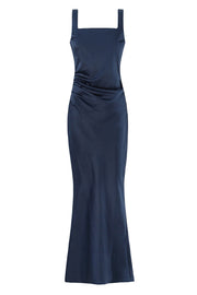 Square Neck Navy Blue Ruched Fitted Long Dress