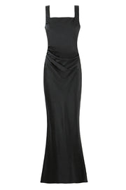 Square Neck Navy Blue Ruched Fitted Long Dress