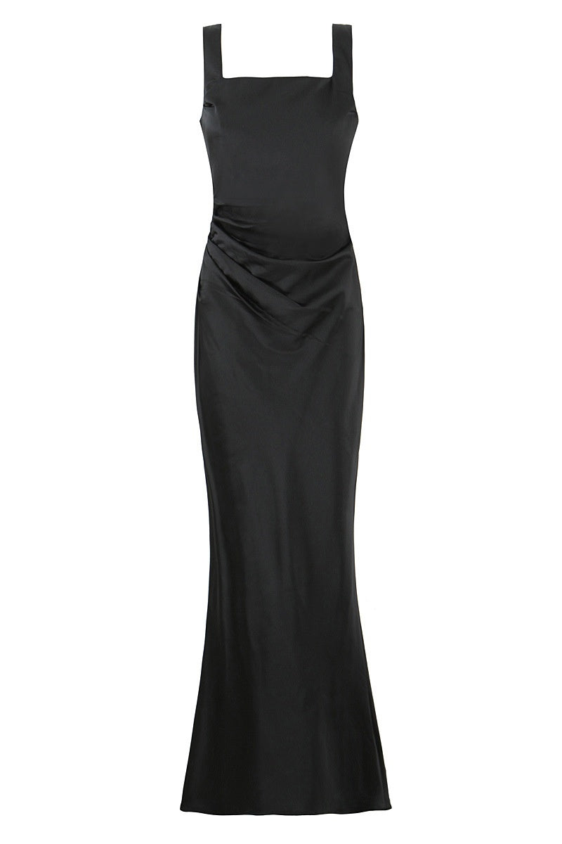 Square Neck Navy Blue Ruched Fitted Long Dress