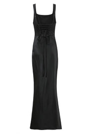 Square Neck Navy Blue Ruched Fitted Long Dress
