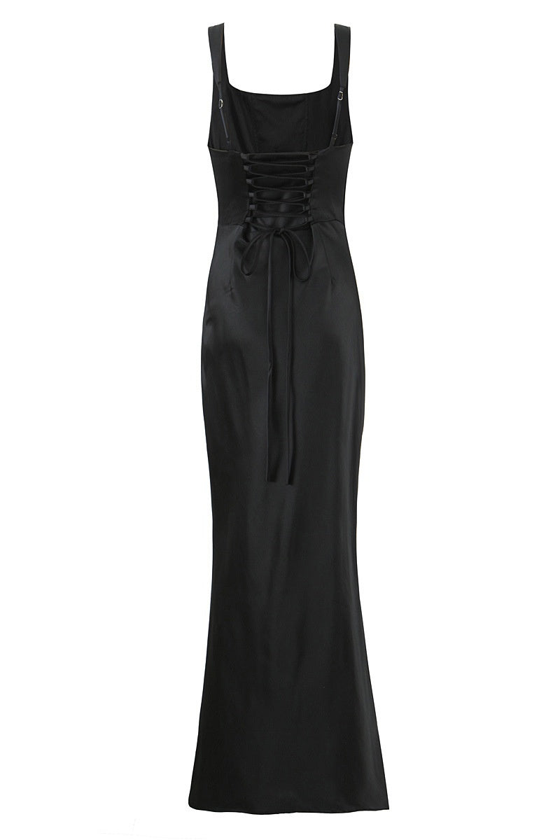 Square Neck Navy Blue Ruched Fitted Long Dress