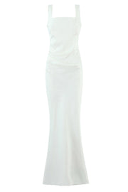 Square Neck Navy Blue Ruched Fitted Long Dress