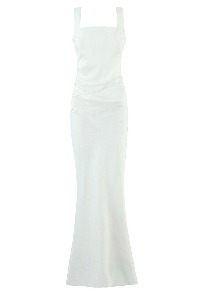 Square Neck Navy Blue Ruched Fitted Long Dress