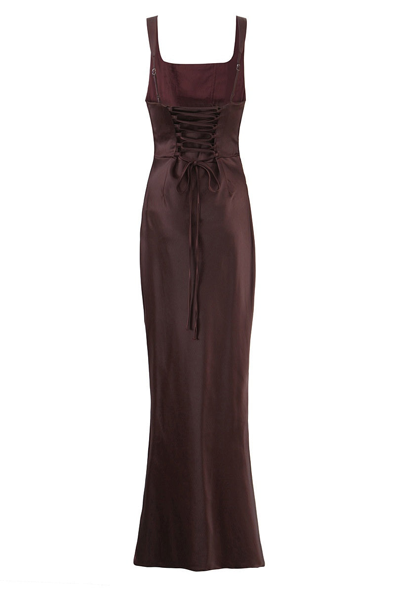 Square Neck Navy Blue Ruched Fitted Long Dress