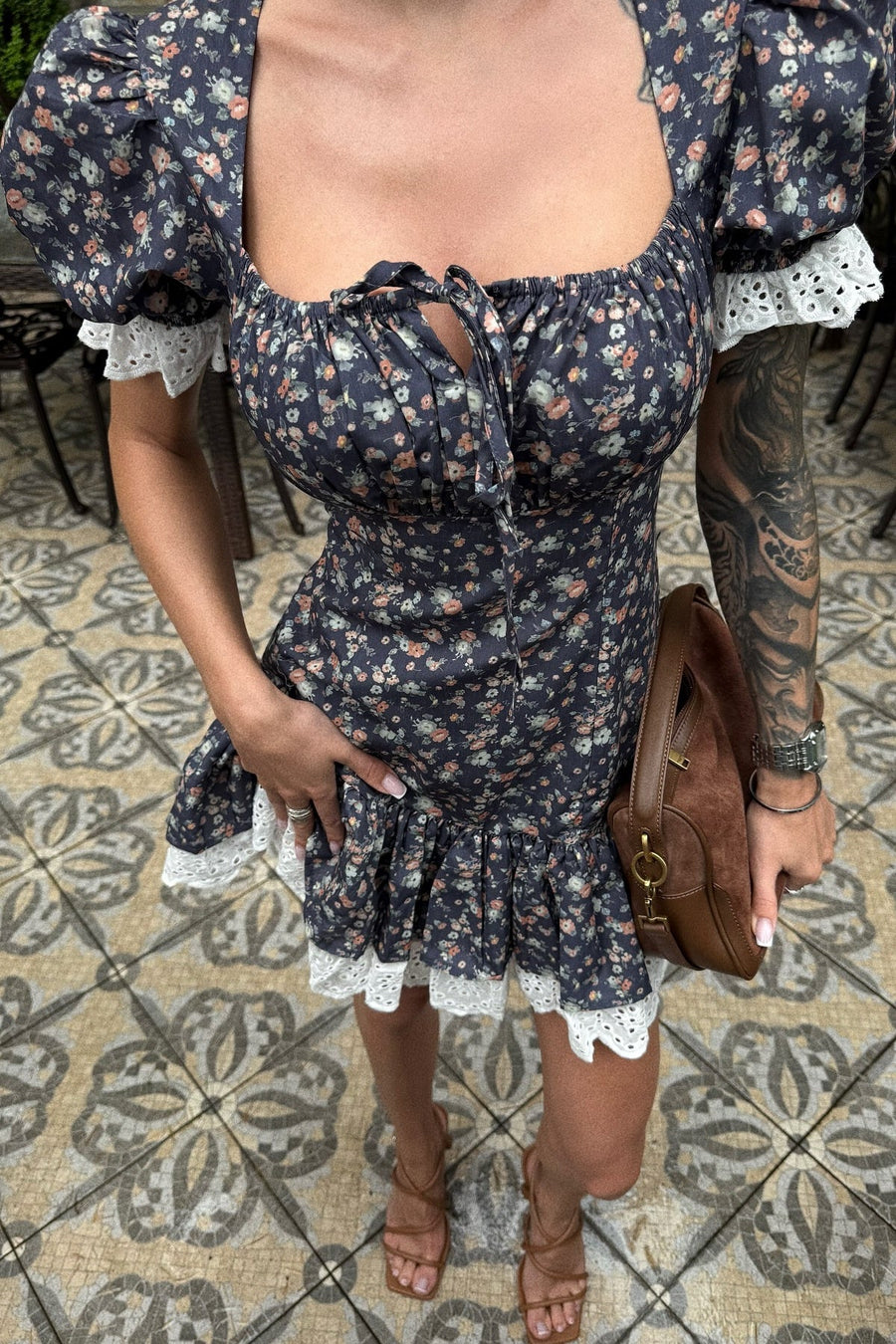 Black Floral A-line Short Dress with Short Sleeves