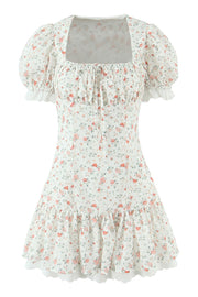 Black Floral A-line Short Dress with Short Sleeves