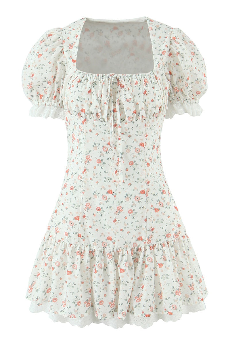 Black Floral A-line Short Dress with Short Sleeves