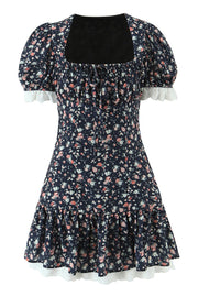 Black Floral A-line Short Dress with Short Sleeves