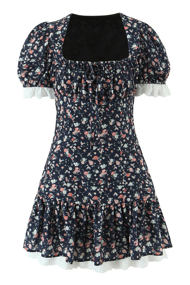 Black Floral A-line Short Dress with Short Sleeves