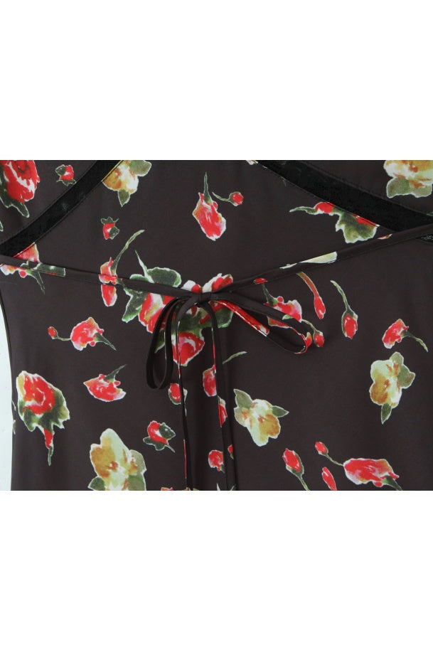 Black Printed V-Neck Long Dress with Lace Trim