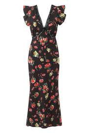 Black Printed V-Neck Long Dress with Lace Trim