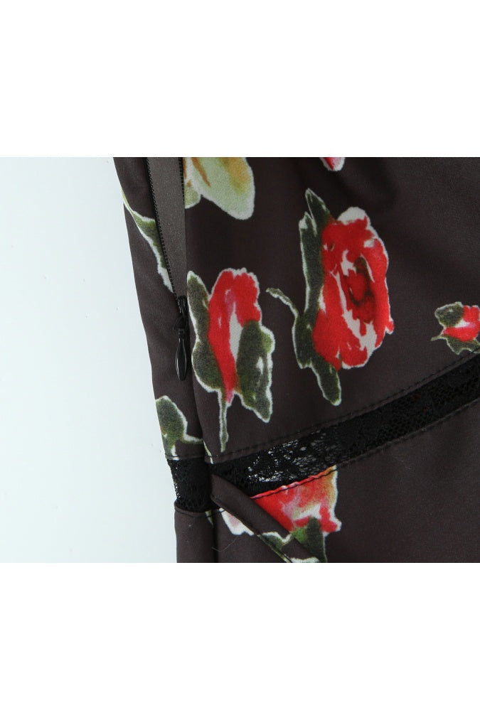 Black Printed V-Neck Long Dress with Lace Trim