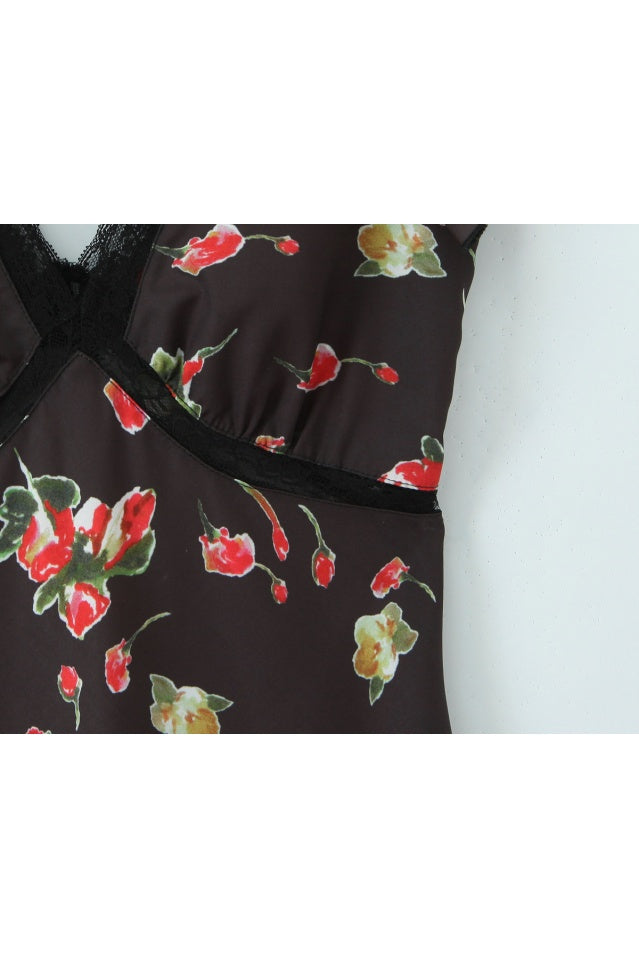 Black Printed V-Neck Long Dress with Lace Trim