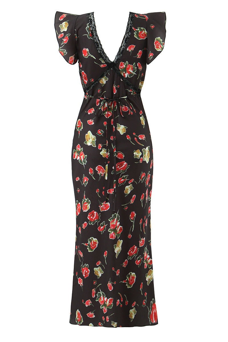 Black Printed V-Neck Long Dress with Lace Trim