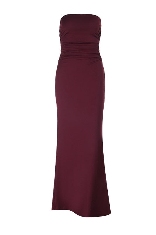 Strapless Burgundy Fitted Long Dress