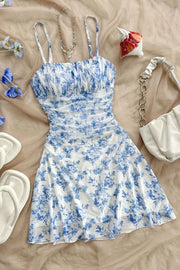 Blue Floral Ruched Strap Dress