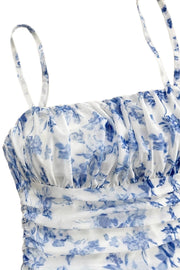 Blue Floral Ruched Strap Dress