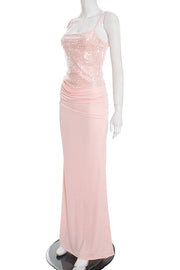 Pink Straps Fitted Ruched Long Dress