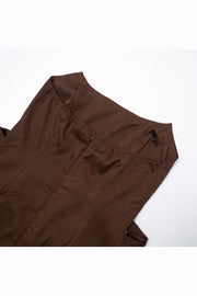 Brown Strapless Fitted Draped Long Dress