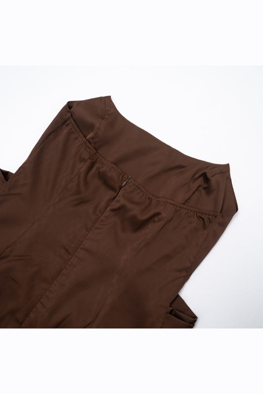 Brown Strapless Fitted Draped Long Dress