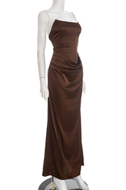 Brown Strapless Fitted Draped Long Dress