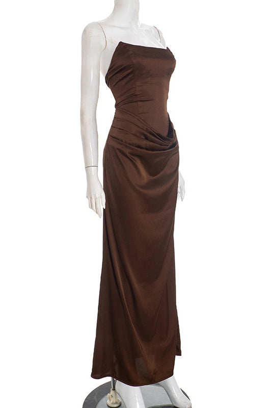Brown Strapless Fitted Draped Long Dress