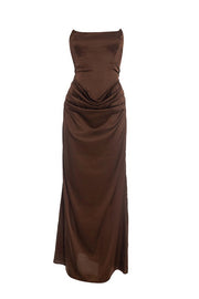 Brown Strapless Fitted Draped Long Dress