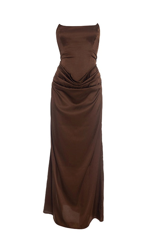 Brown Strapless Fitted Draped Long Dress