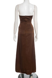 Brown Strapless Fitted Draped Long Dress