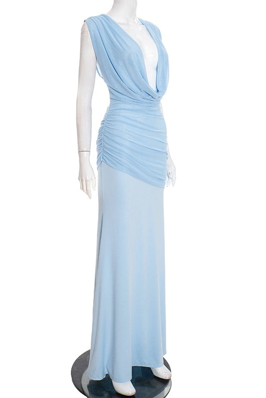 Sexy Light Blue Cowl Neck Draped Long Dress