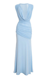 Sexy Light Blue Cowl Neck Draped Long Dress