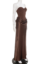 Brown Sweetheart Draped Long Dress