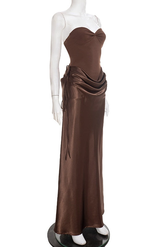 Brown Sweetheart Draped Long Dress