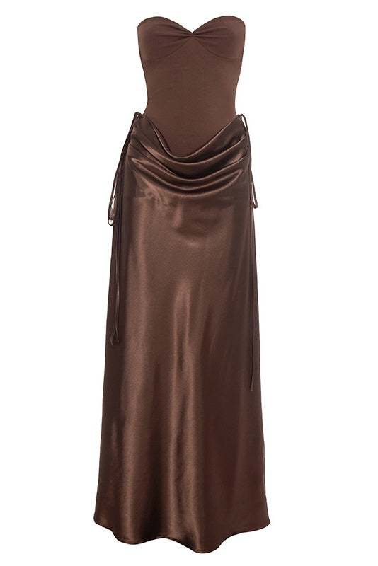 Brown Sweetheart Draped Long Dress