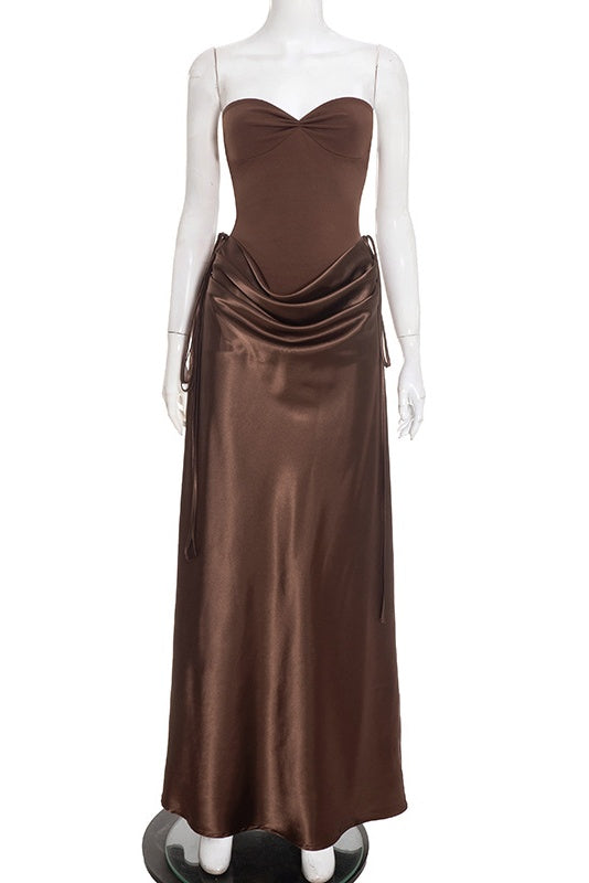 Brown Sweetheart Draped Long Dress