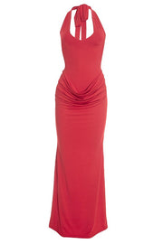 Red Halter Fitted Ruched Long Dress