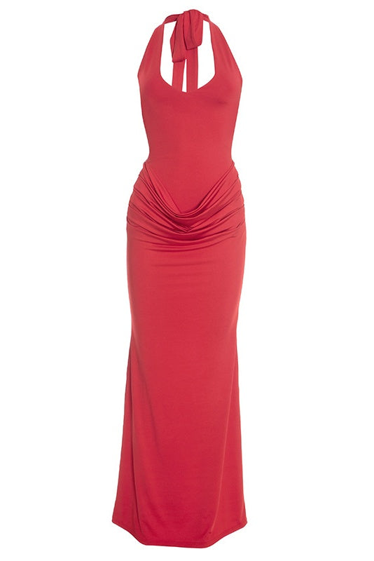 Red Halter Fitted Ruched Long Dress